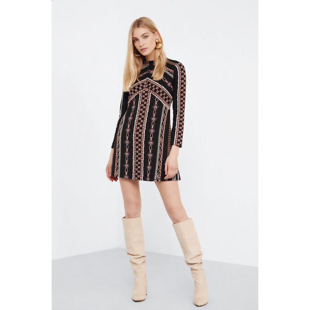 Free People Stella Printed Mini Dress Lined Exposed Back Zip 70s L Anthropologie